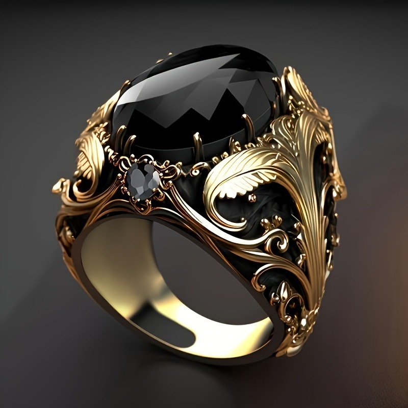 Vintage Engraved Gold Tone Oval Black Gem Statement Ring