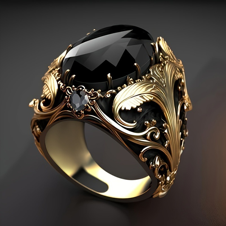 Vintage Engraved Gold Tone Oval Black Gem Statement Ring