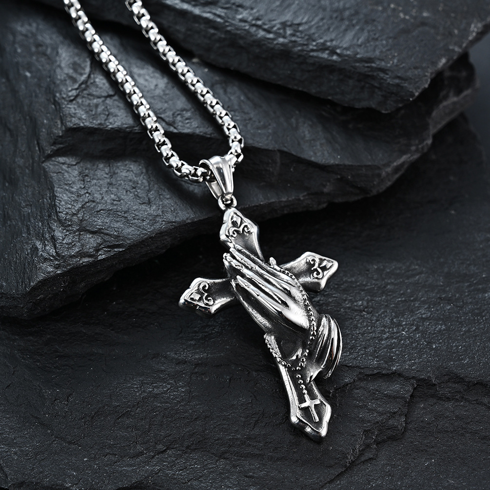 Religious Faith Praying Hands Cross Charm Necklace