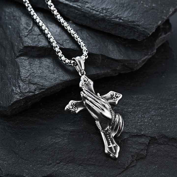 Religious Faith Praying Hands Cross Charm Necklace