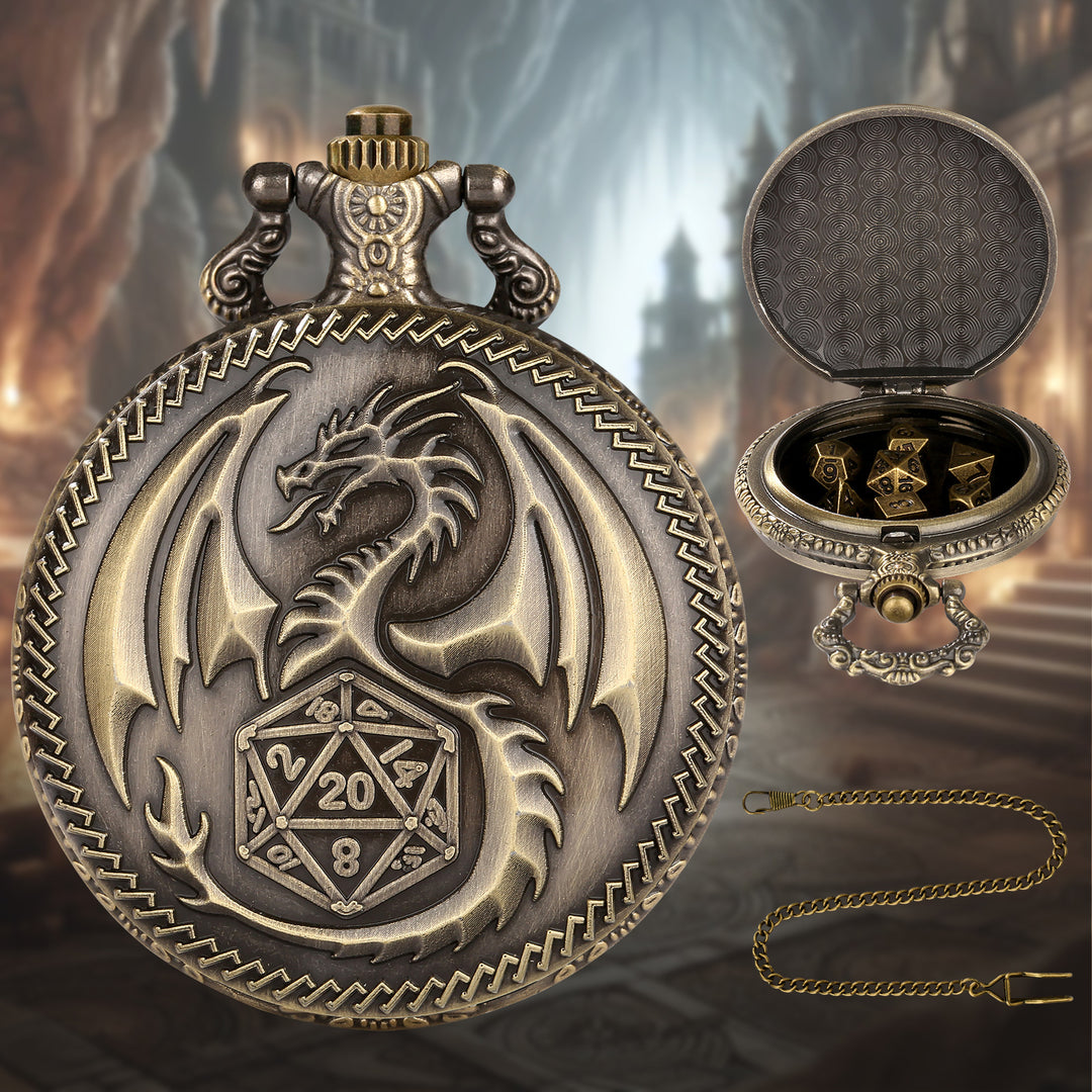 Dragon-Shaped D&amp;D Style Pocket Watch Dice Set 