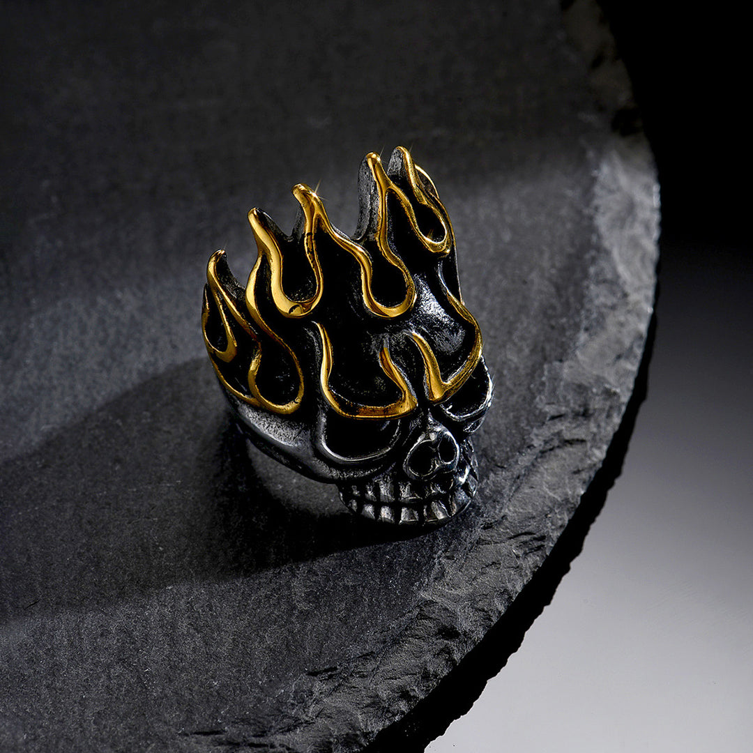 Vintage Gold-Trimmed Flaming Skull Ring