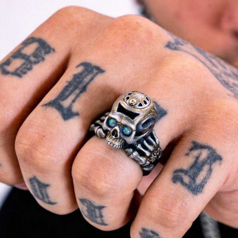 Vintage-style flip-top skull ring