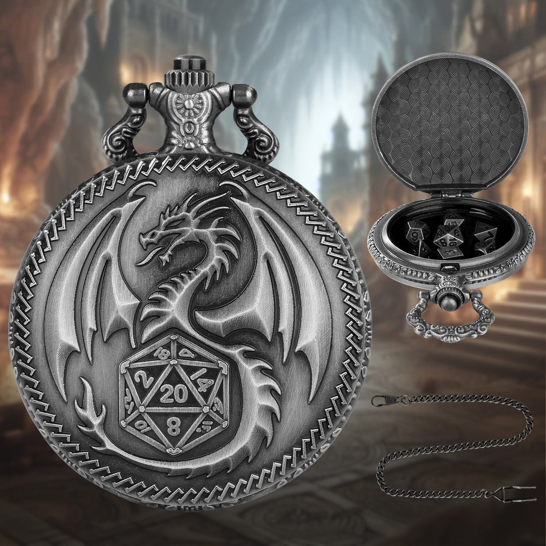 Dragon-Shaped D&amp;D Style Pocket Watch Dice Set 