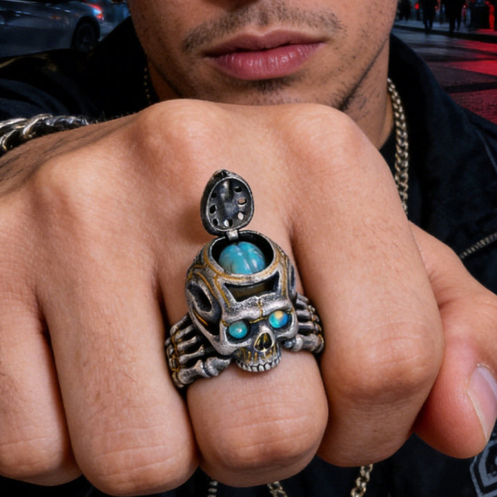 Vintage-style flip-top skull ring
