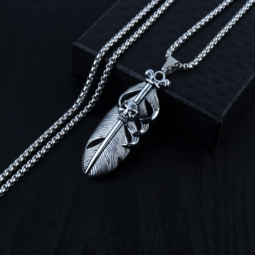 Retro Feather Skull Pendant