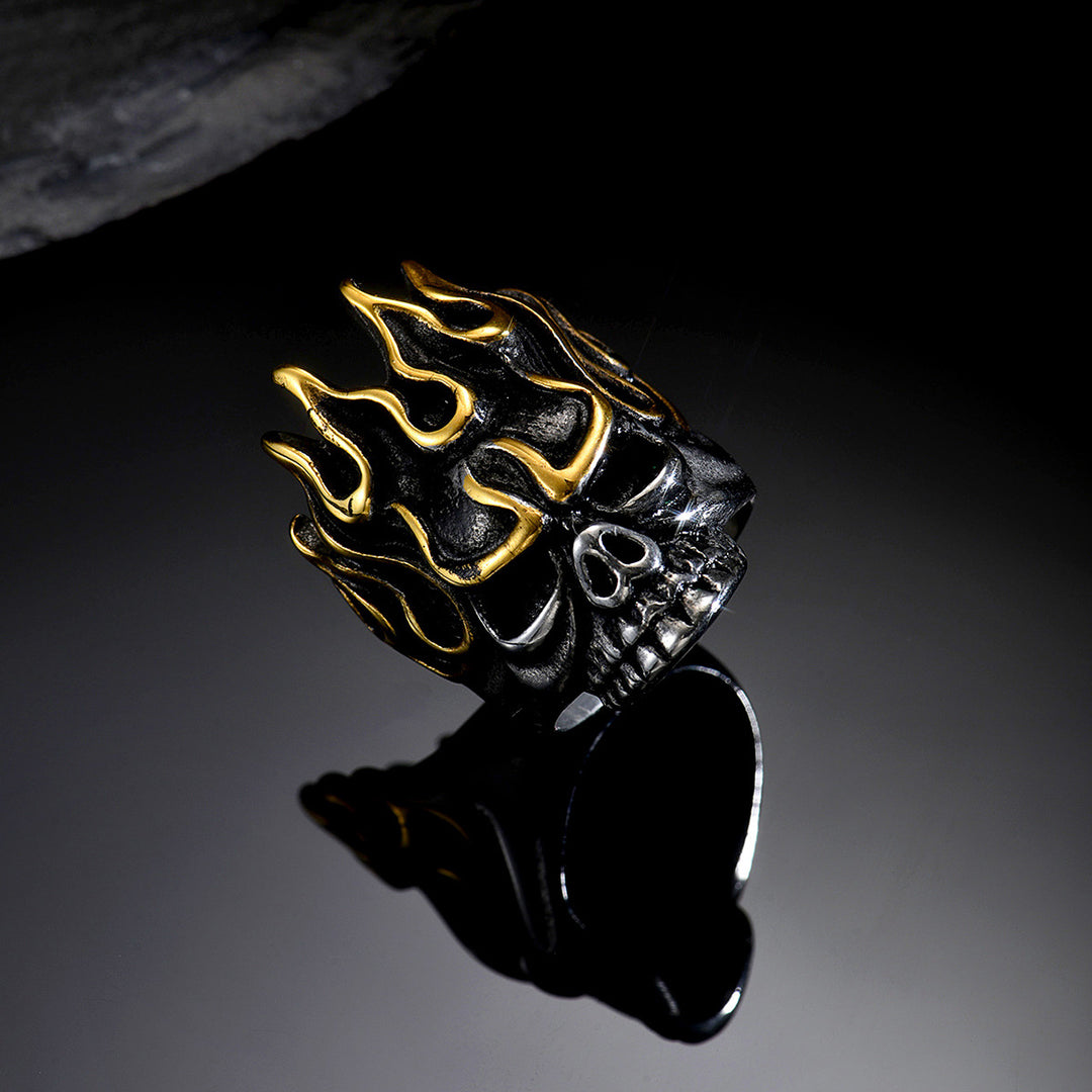 Vintage Gold-Trimmed Flaming Skull Ring