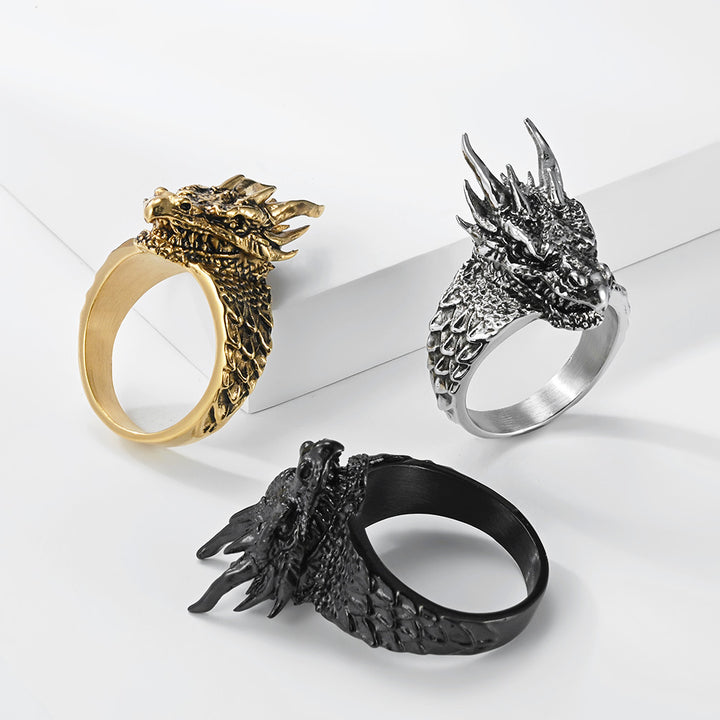 Dark-style relief dragon titanium steel ring