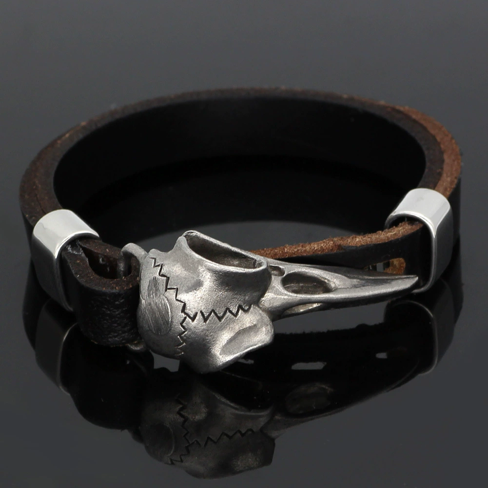 Retro Viking Raven Skull Genuine Leather Bracelet