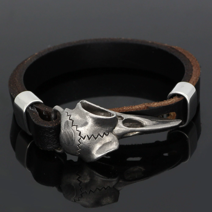 Retro Viking Raven Skull Genuine Leather Bracelet