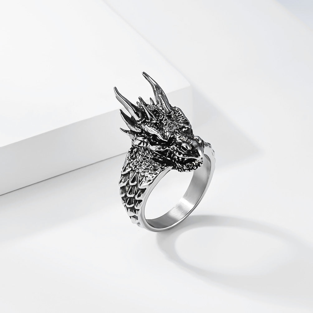 Dark-style relief dragon titanium steel ring