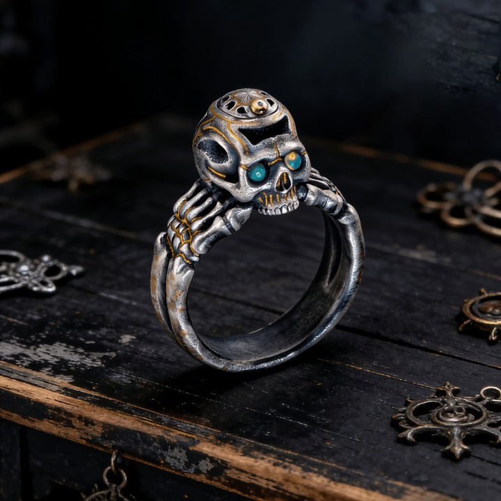 Vintage-style flip-top skull ring