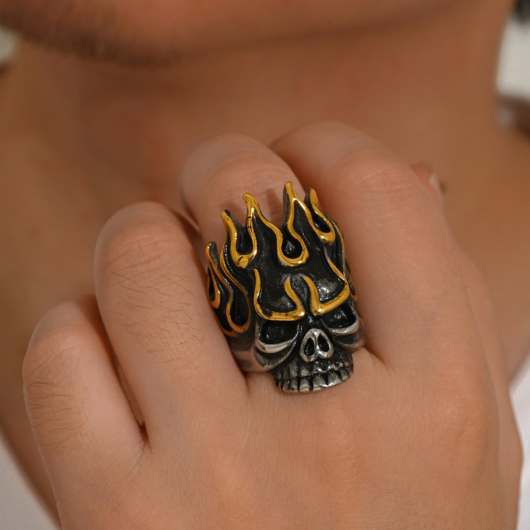 Vintage Gold-Trimmed Flaming Skull Ring