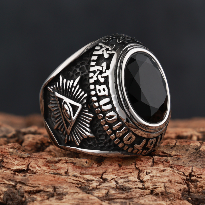 Gothic Skull Engraved Gem Set Mens Biker Signet Ring