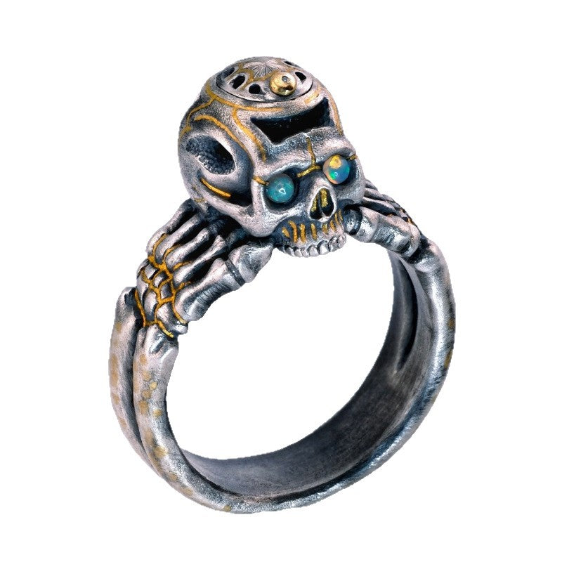 Vintage-style flip-top skull ring