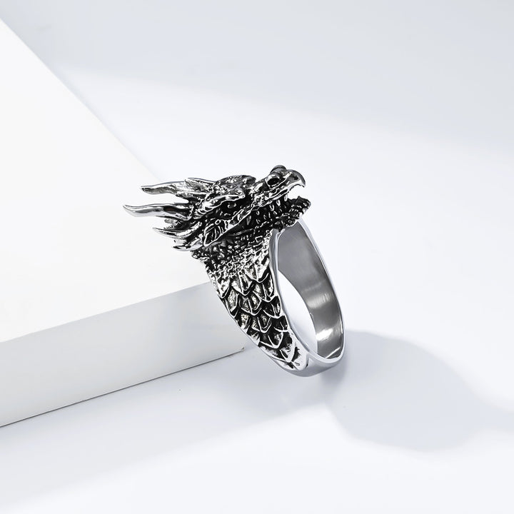 Dark-style relief dragon titanium steel ring