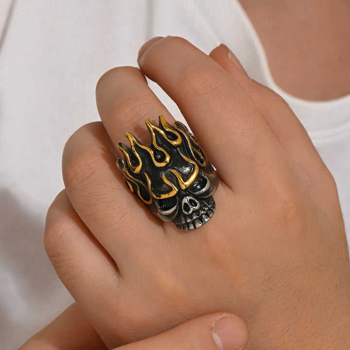Vintage Gold-Trimmed Flaming Skull Ring