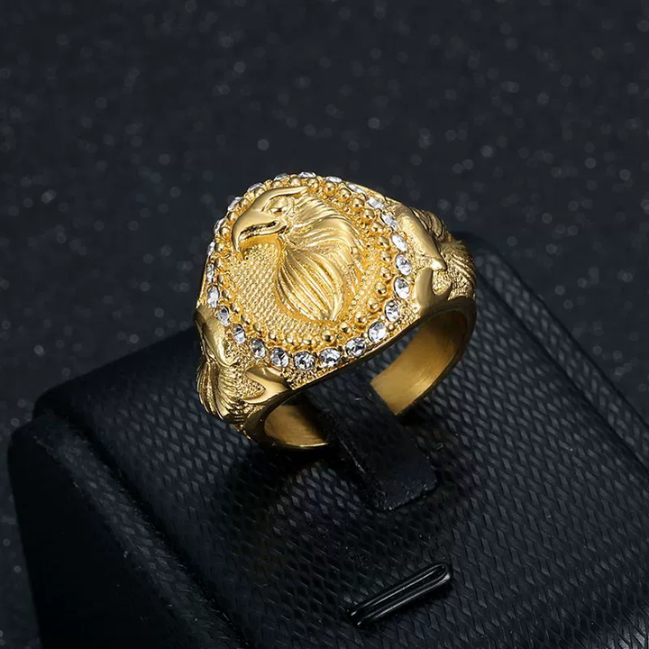 Embossed Eagle Head Crystal Border Men Signet Ring