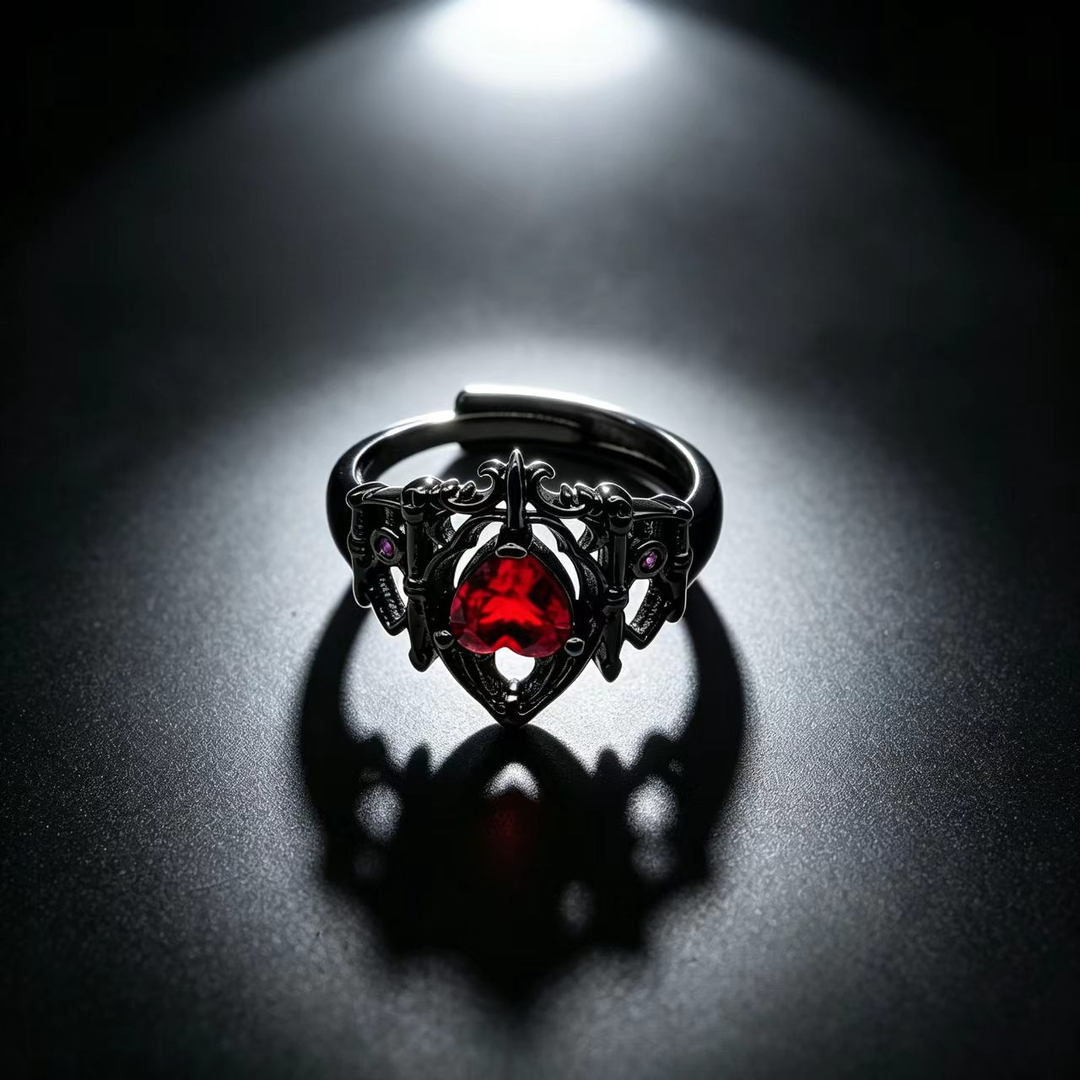 Dark Retro Heart Stone Hollow Gothic Style Ring
