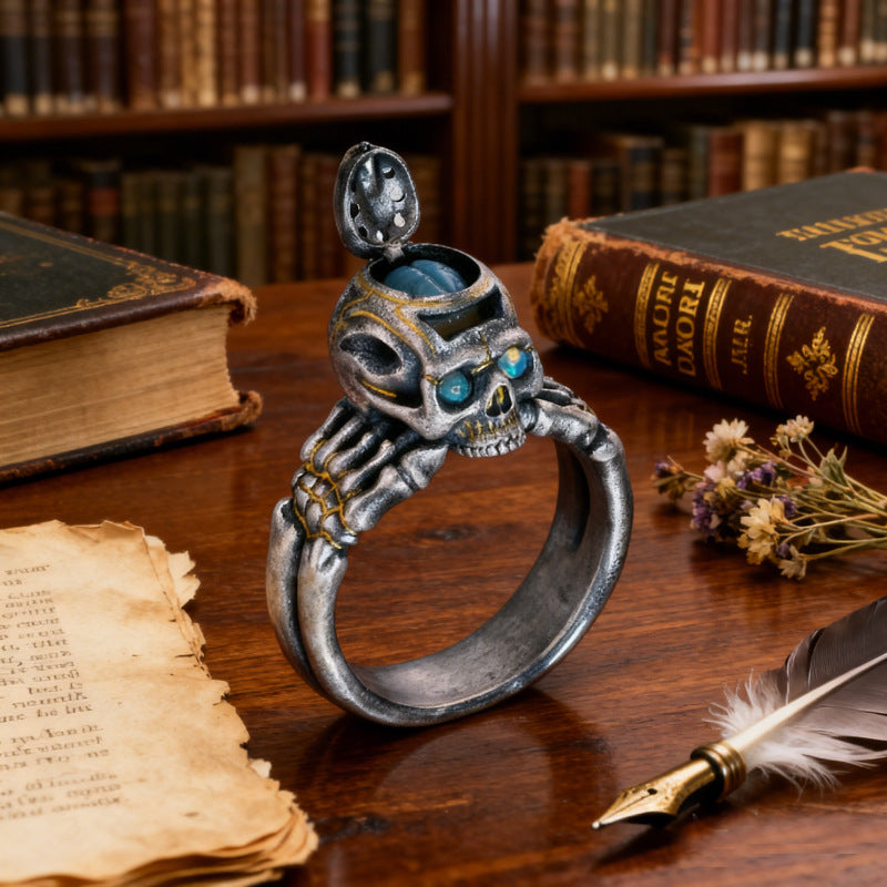 Vintage-style flip-top skull ring