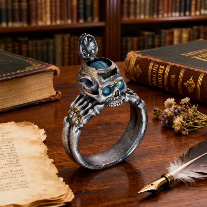Vintage-style flip-top skull ring