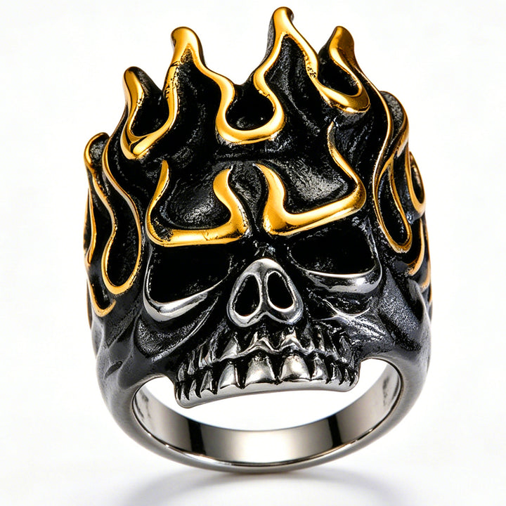 Vintage Gold-Trimmed Flaming Skull Ring