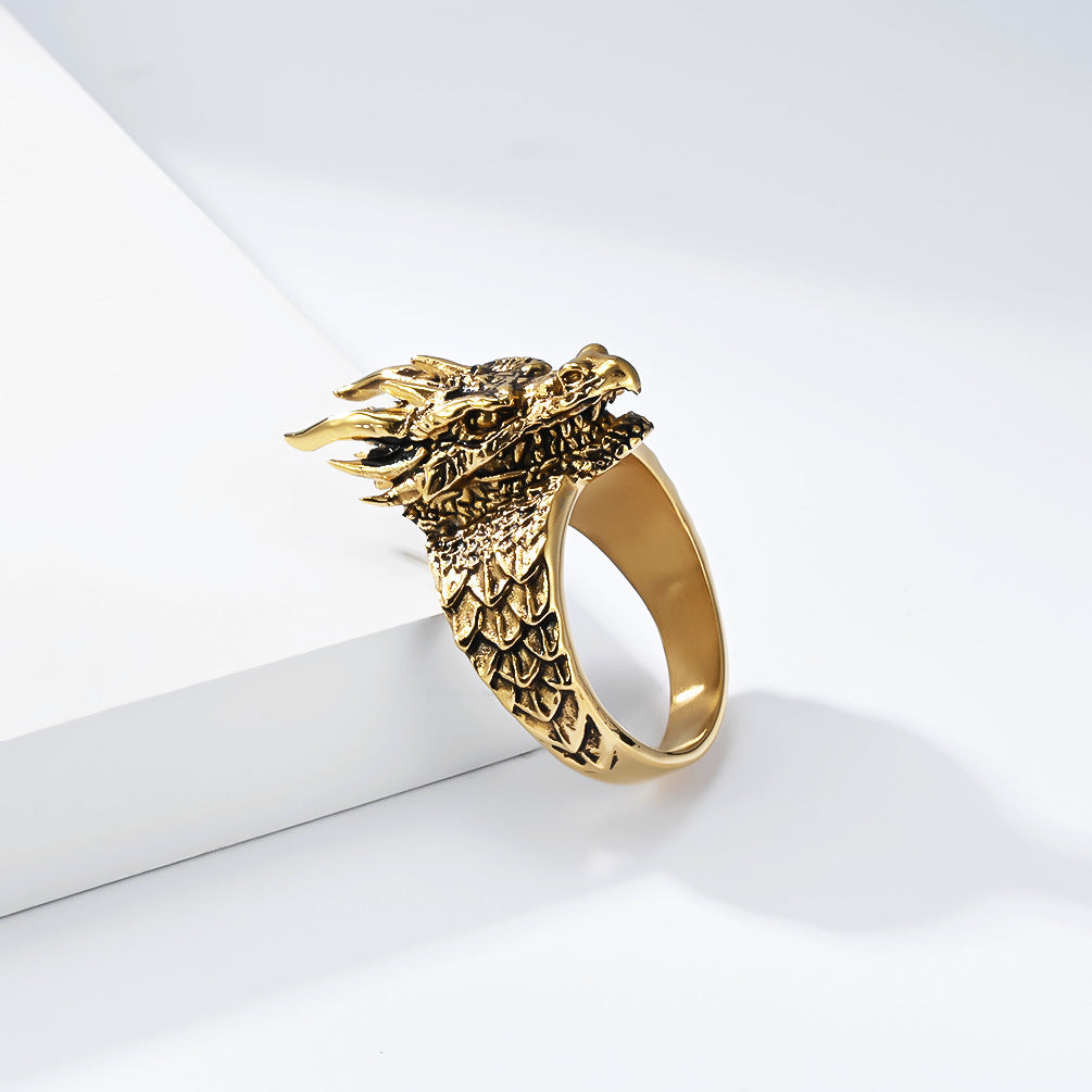 Dark-style relief dragon titanium steel ring