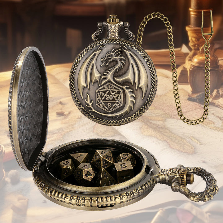 Dragon-Shaped D&amp;D Style Pocket Watch Dice Set 