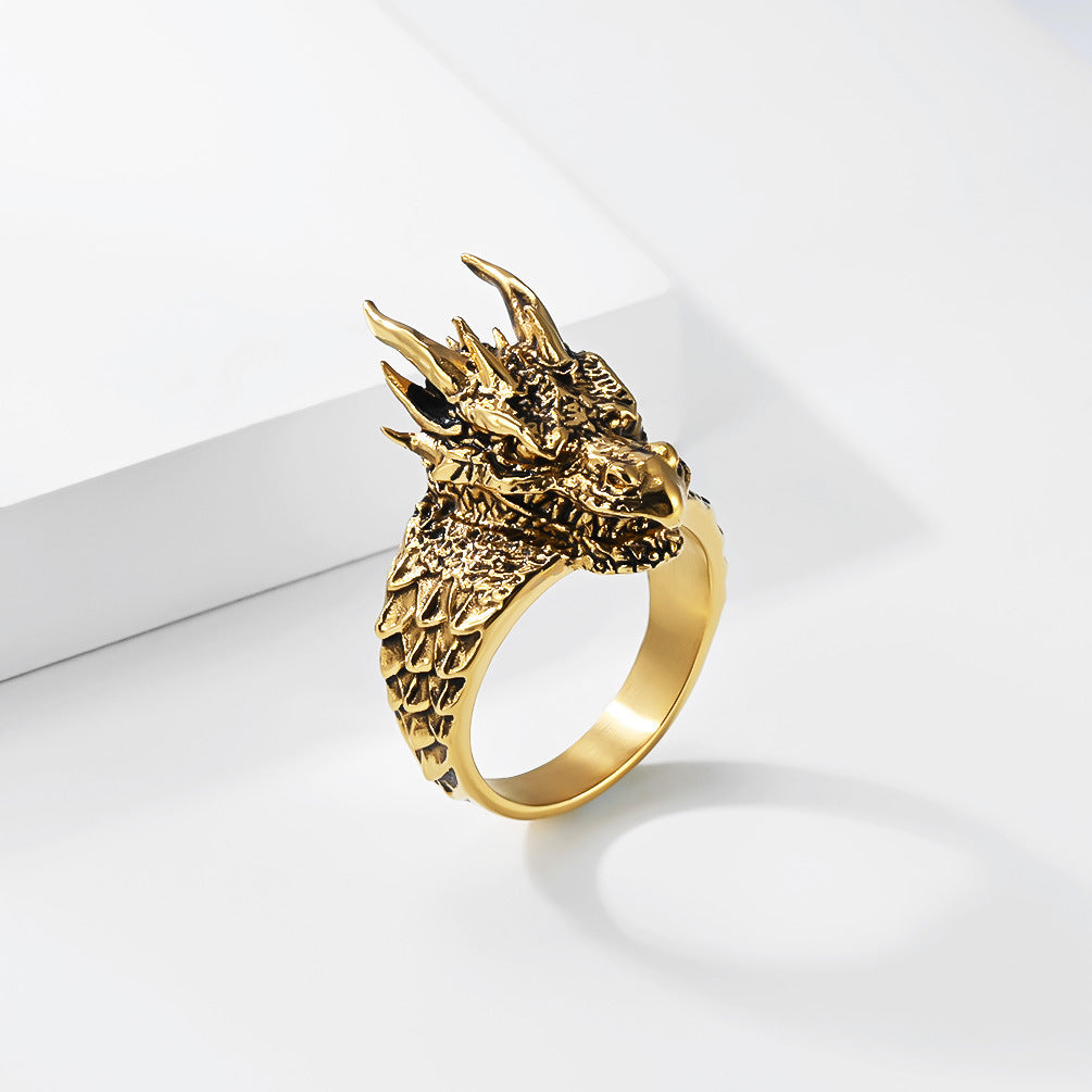 Dark-style relief dragon titanium steel ring