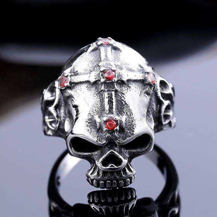 Cross Inlaid Skull Statement Ring
