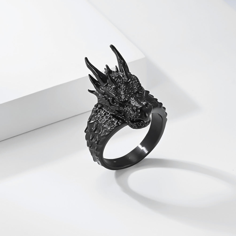 Dark-style relief dragon titanium steel ring