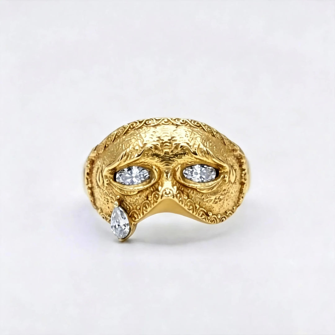 Retro Engraved Carnival Mask Gem Ring