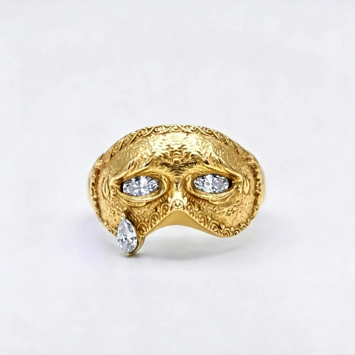 Retro Engraved Carnival Mask Gem Ring
