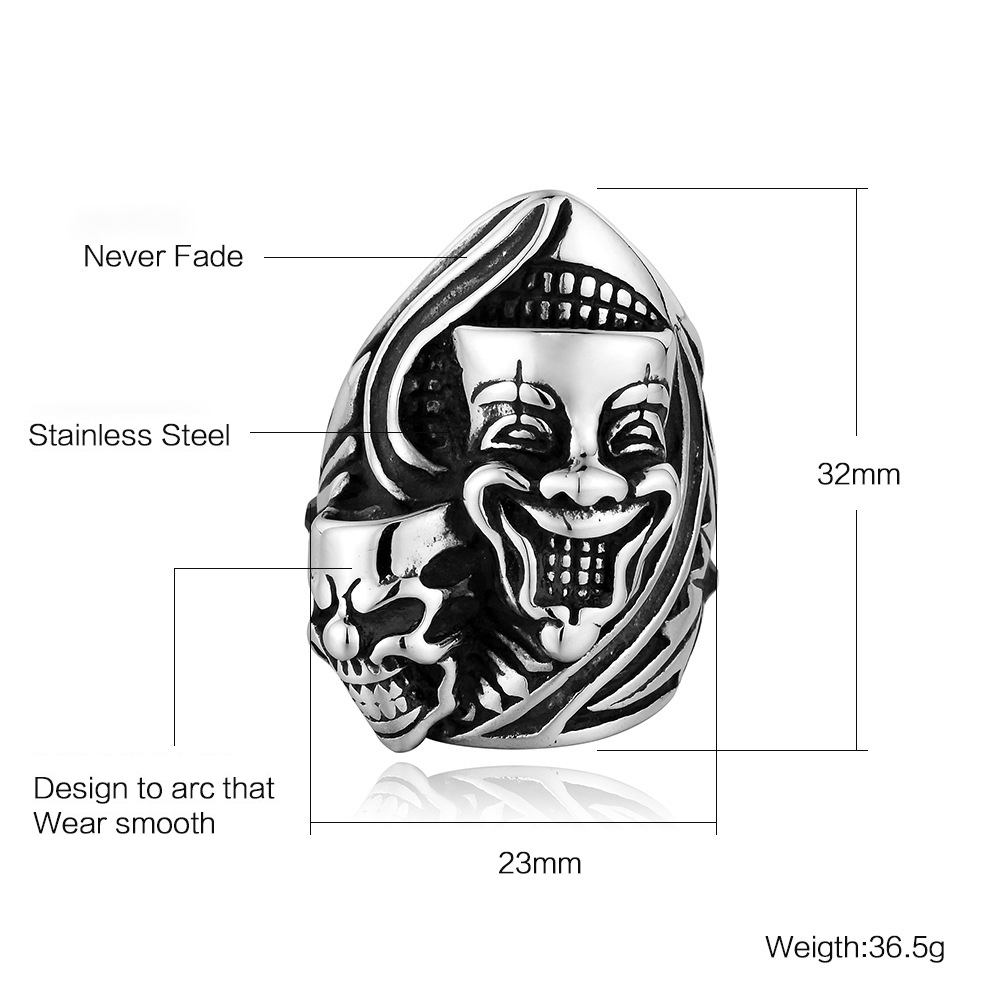 Dual Face Clown Skull Gothic Biker Ring