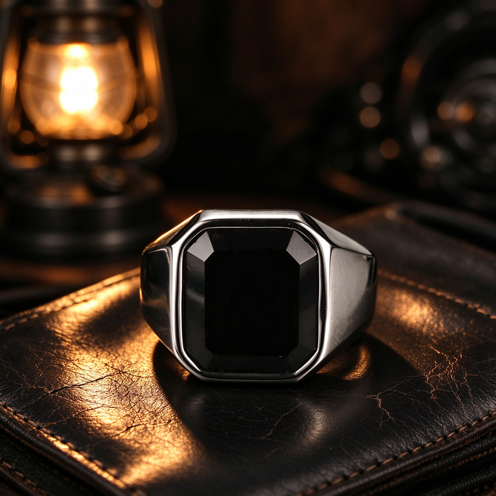 Black Gem Stone Stainless Steel Ring