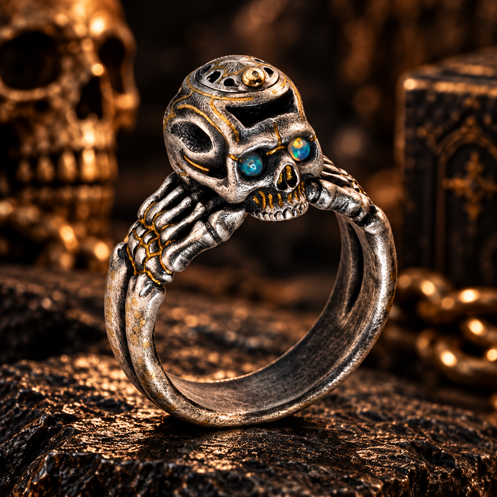 Vintage-style flip-top skull ring