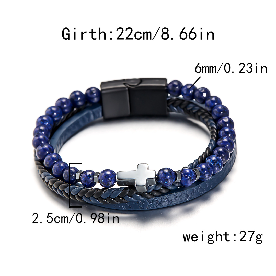 Religious Cross Beaded Stone Multi Layer Leather Wristband