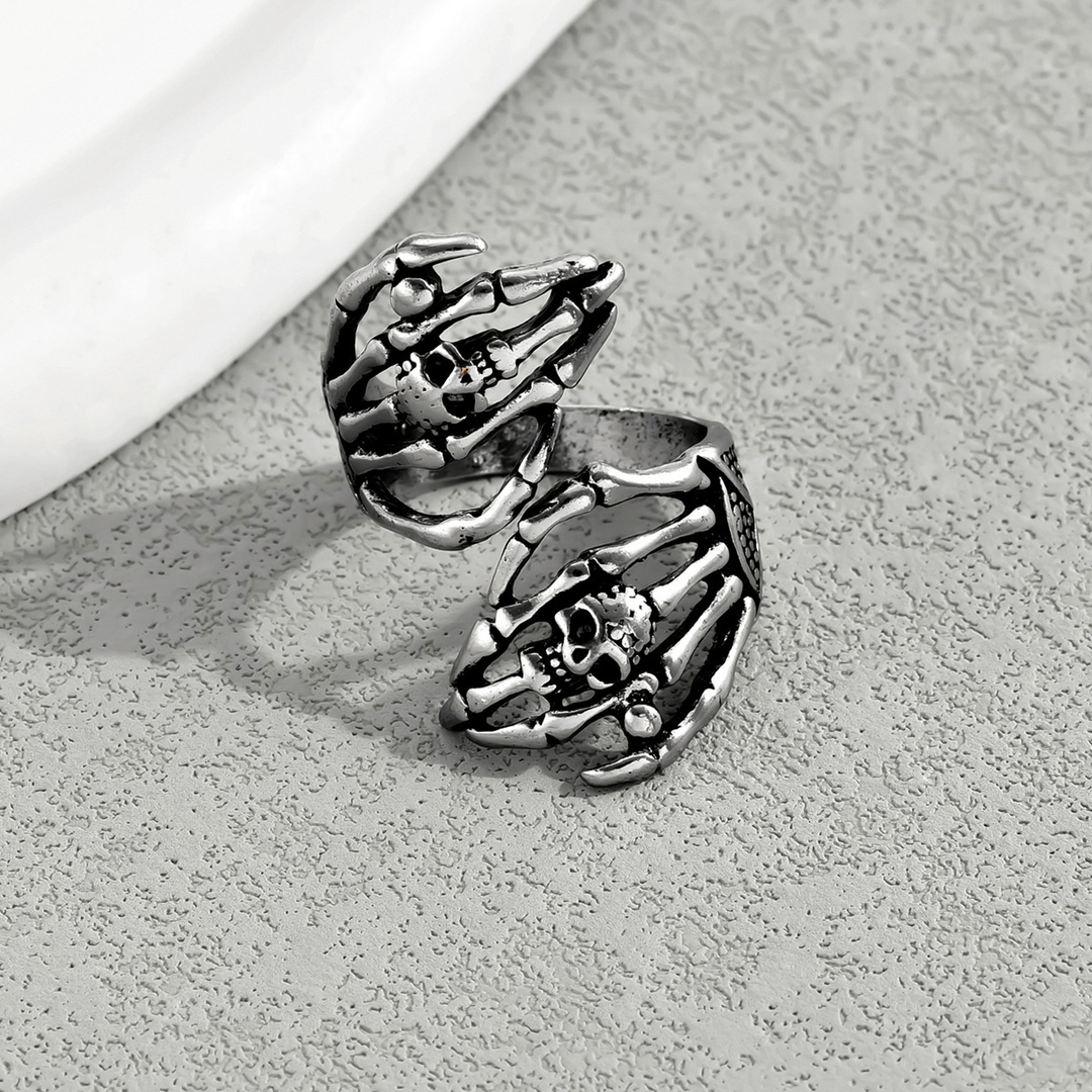 Double Skull Hand Adjustable Opening Punk Ring