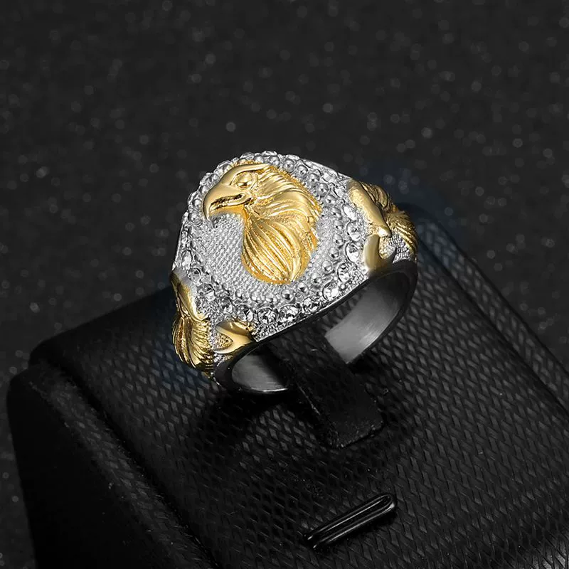 Embossed Eagle Head Crystal Border Men Signet Ring