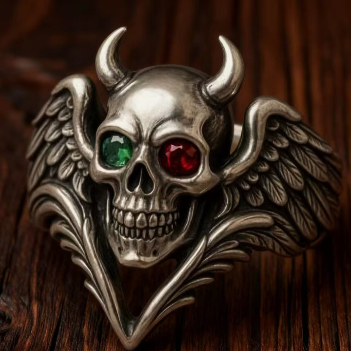 Goth Demon Skull Wing Twin Gem Ring