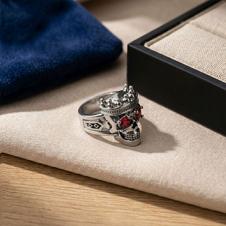 Silver skull crown ring with cubic zirconia