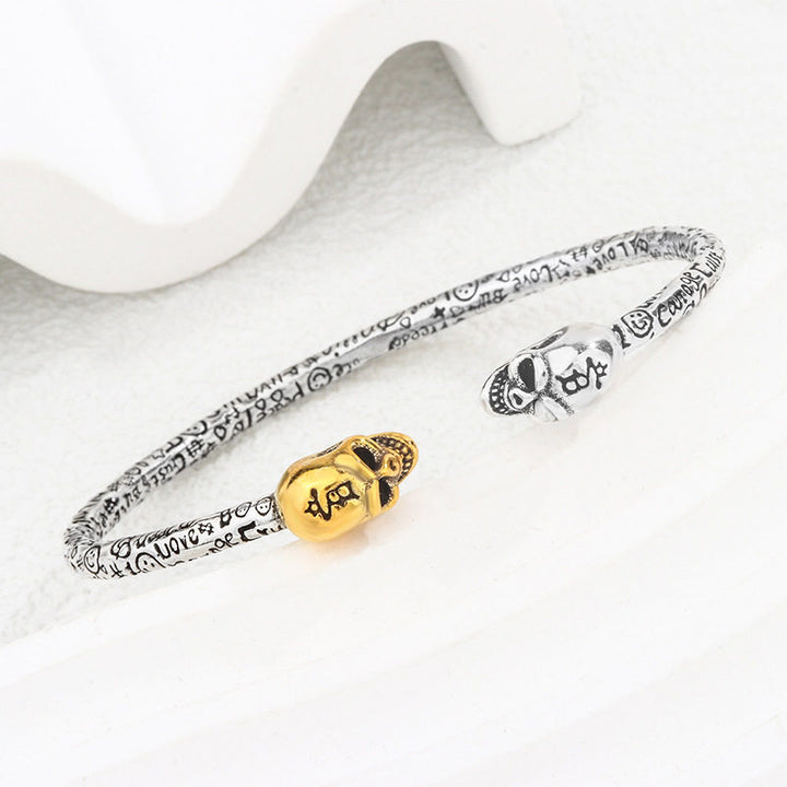 Dual Skull Open Cuff Bangle Bracelet