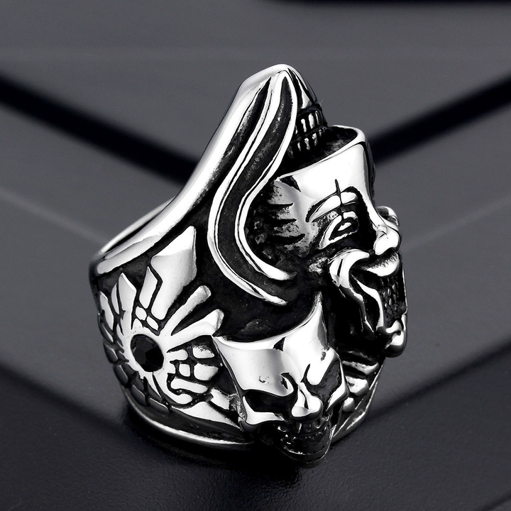 Dual Face Clown Skull Gothic Biker Ring