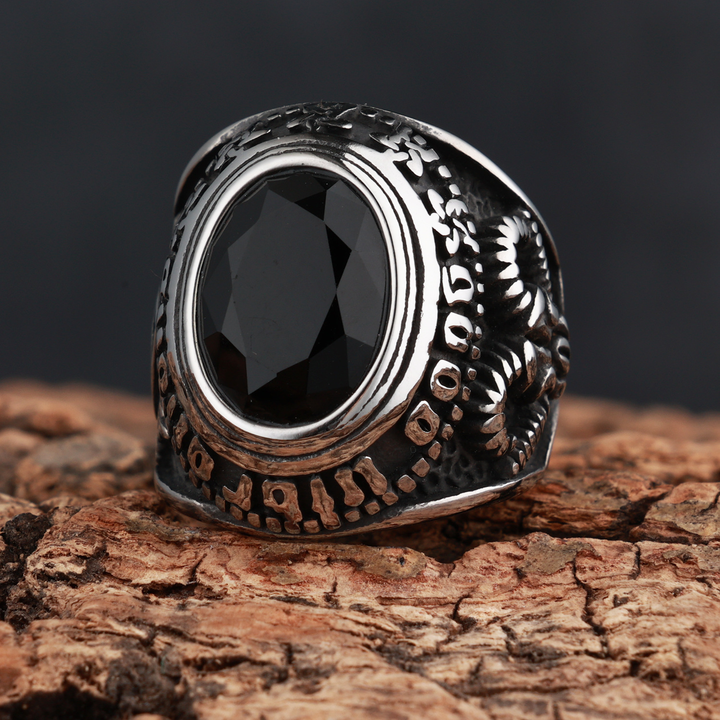 Gothic Skull Engraved Gem Set Mens Biker Signet Ring