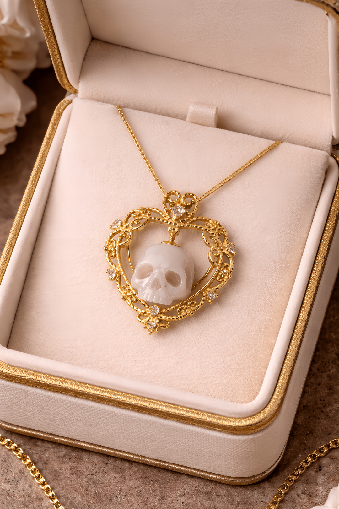 Openwork Heart-Shaped Skull Pendant Necklace