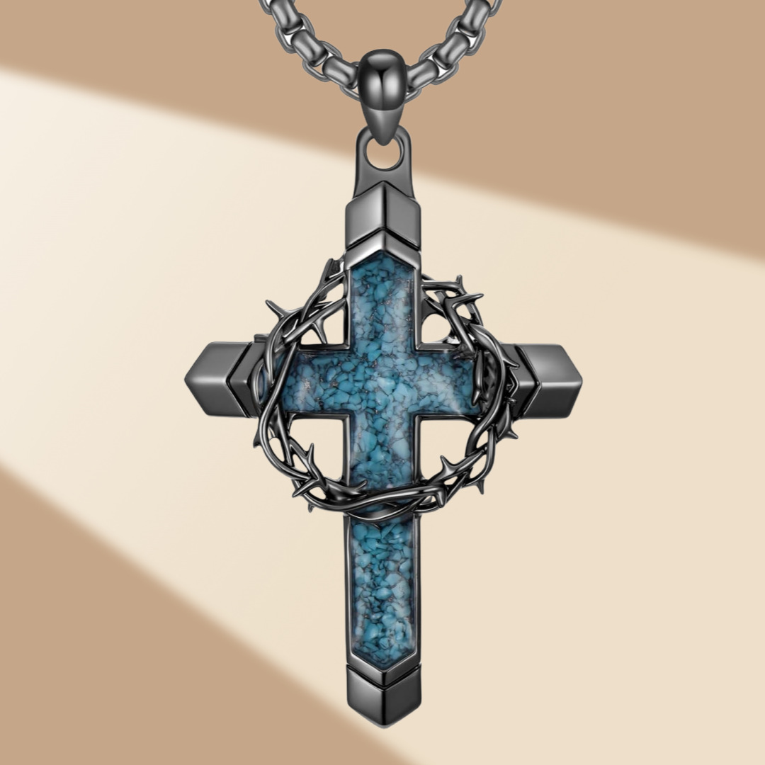 Crown of Thorns Turquoise Inlay Cross Pendant Necklace