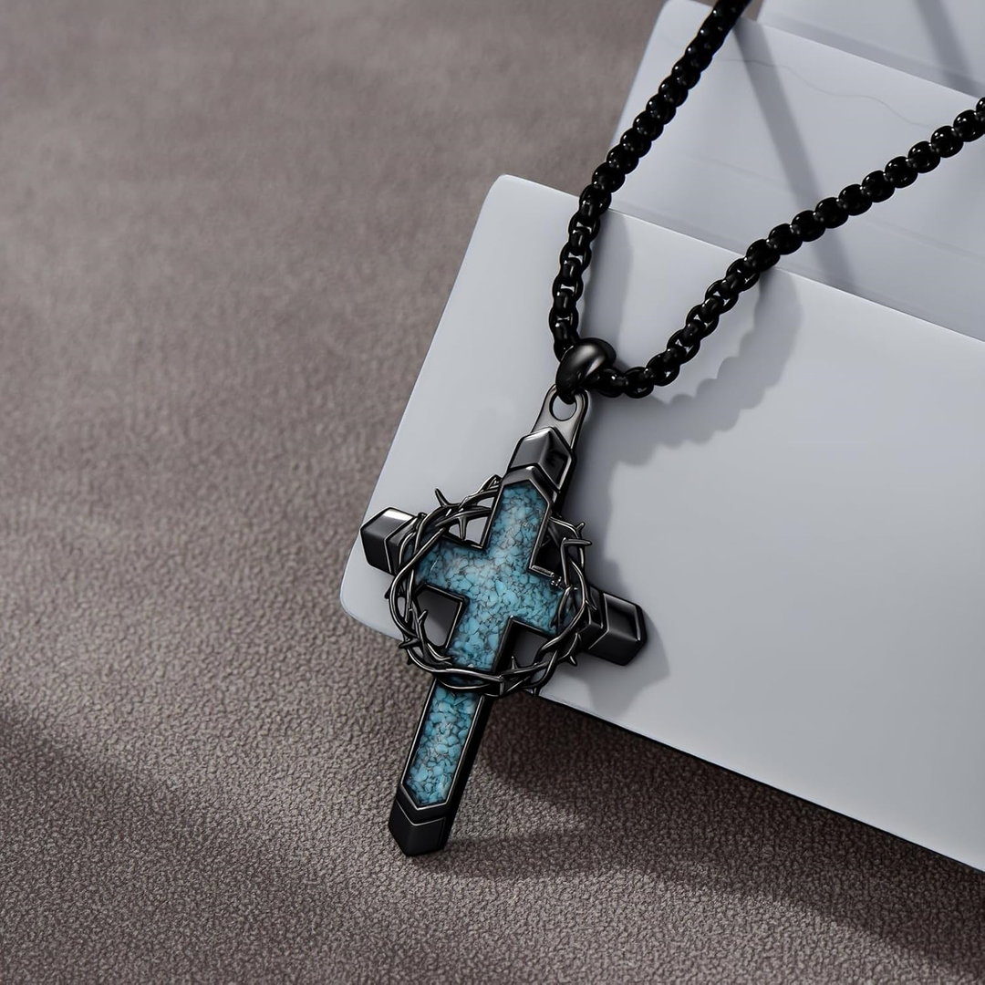 Crown of Thorns Turquoise Inlay Cross Pendant Necklace