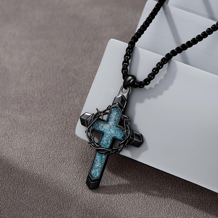 Crown of Thorns Turquoise Inlay Cross Pendant Necklace