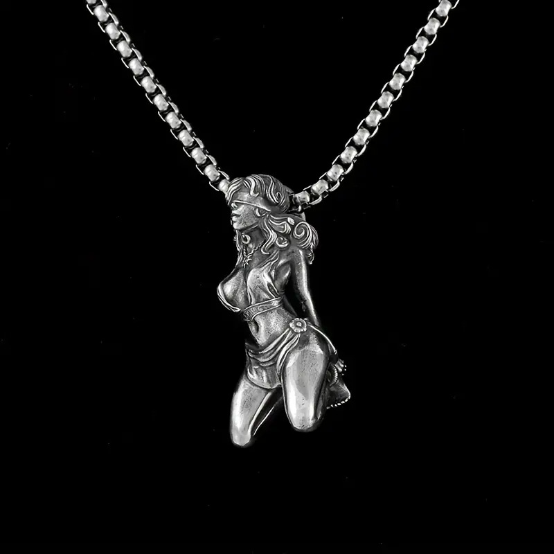 Retro Silver Tone Blindfolded Girl Sculpted Pendant Necklace