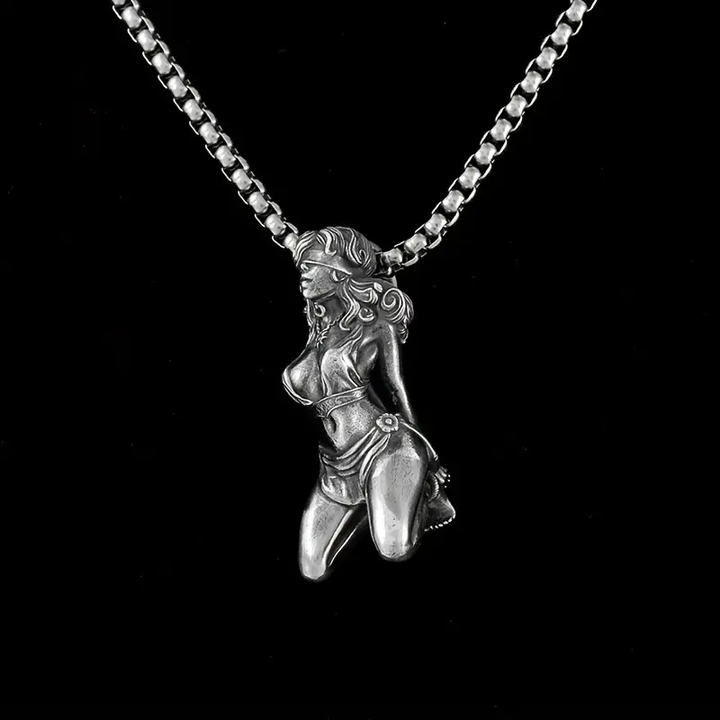 Retro Silver Tone Blindfolded Girl Sculpted Pendant Necklace